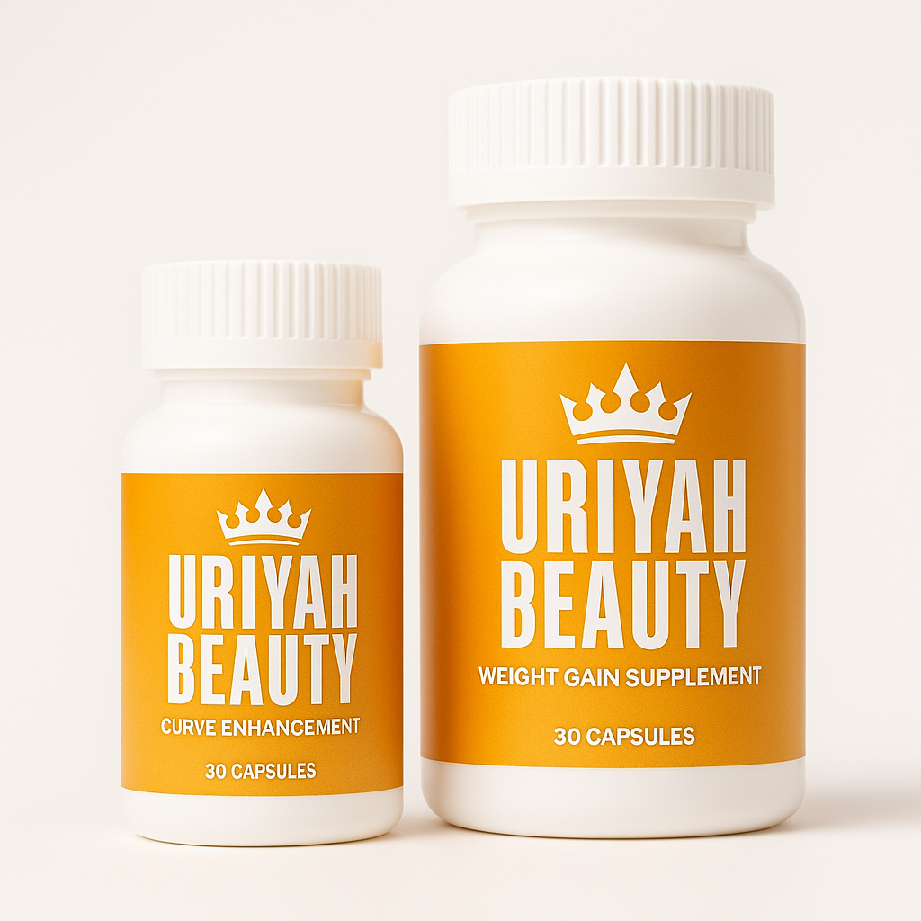 Two 'Uriyah Beauty' supplement bottles on a white background